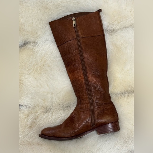 TORY BURCH Kiernan Leather Equestrian Riding Boots Light Brown Tan Logo 7.5 EUC - Picture 8 of 16